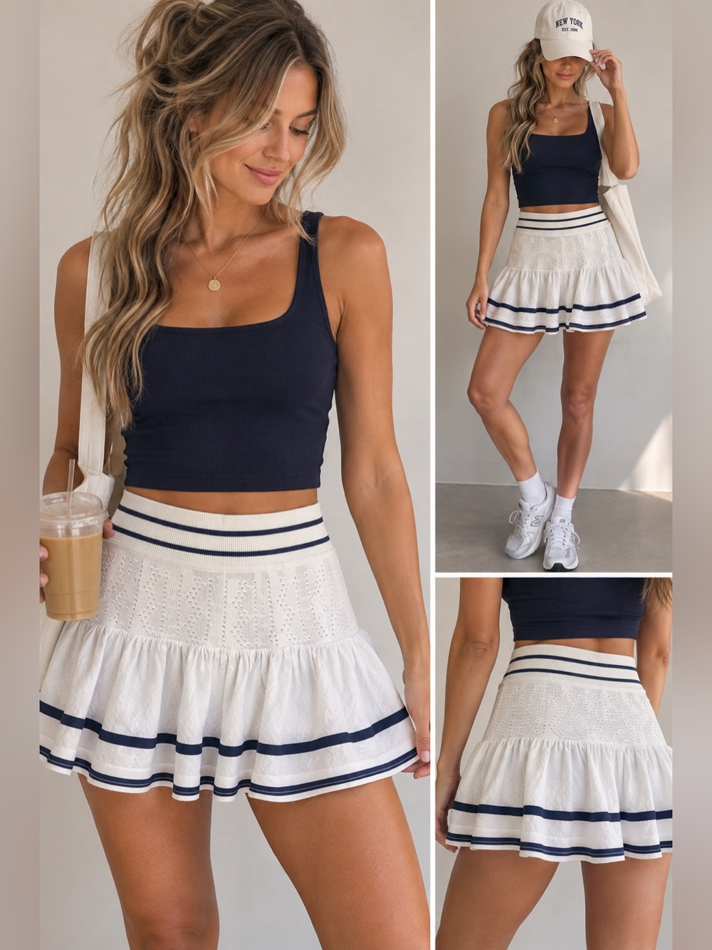 FP Movement by Free People White Eyelet Skater Skort with Navy Trim